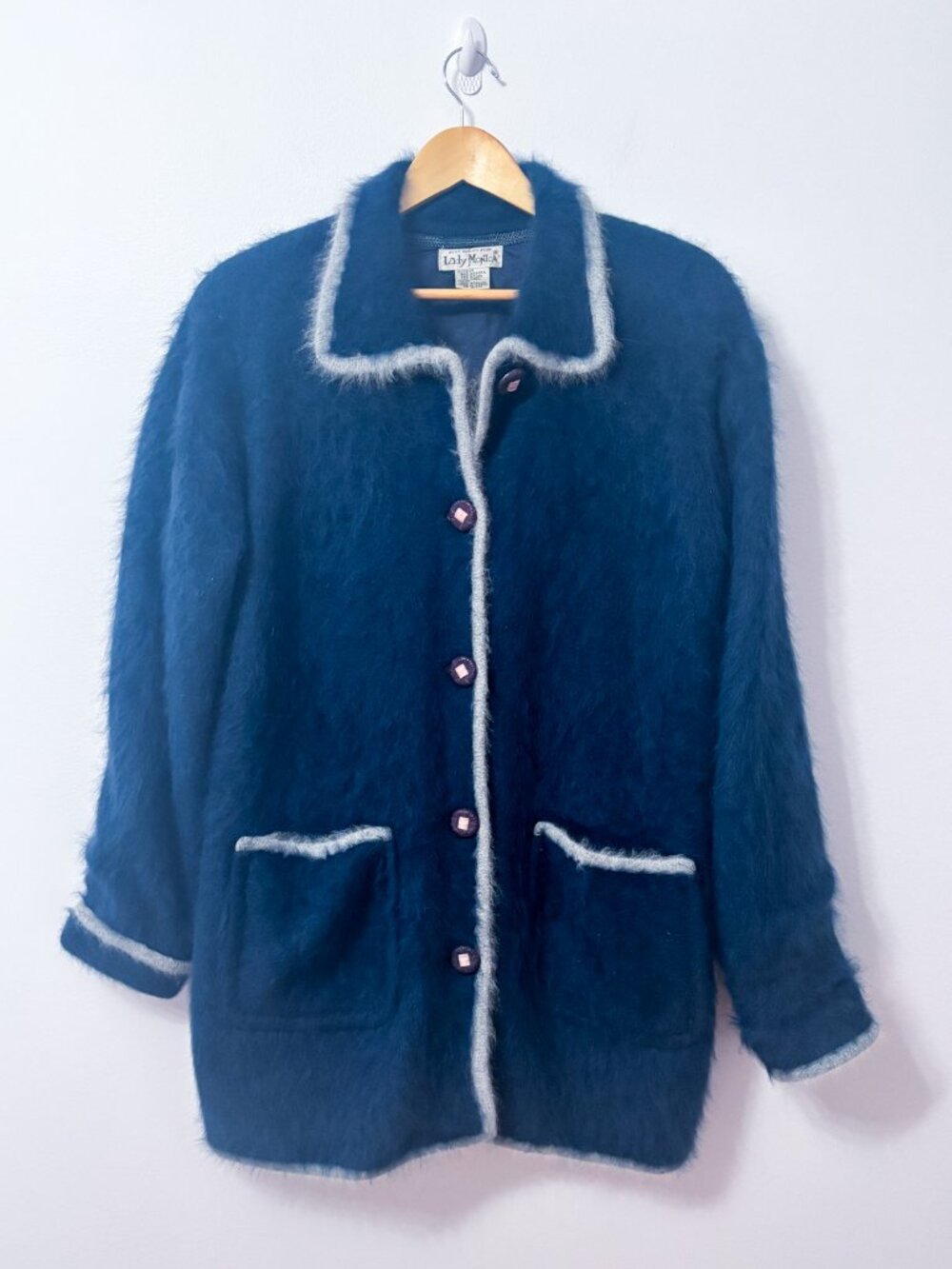LADY MONICA Navy Angora Wool Fuzzy Long Button Front Cardigan X-Large